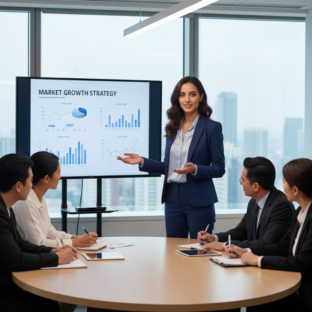 slim middle_eastern woman presenting to executives 38149690