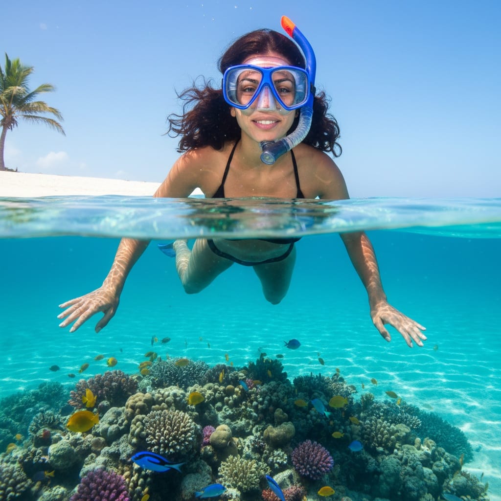 slim middle_eastern woman snorkeling clear water 38686624