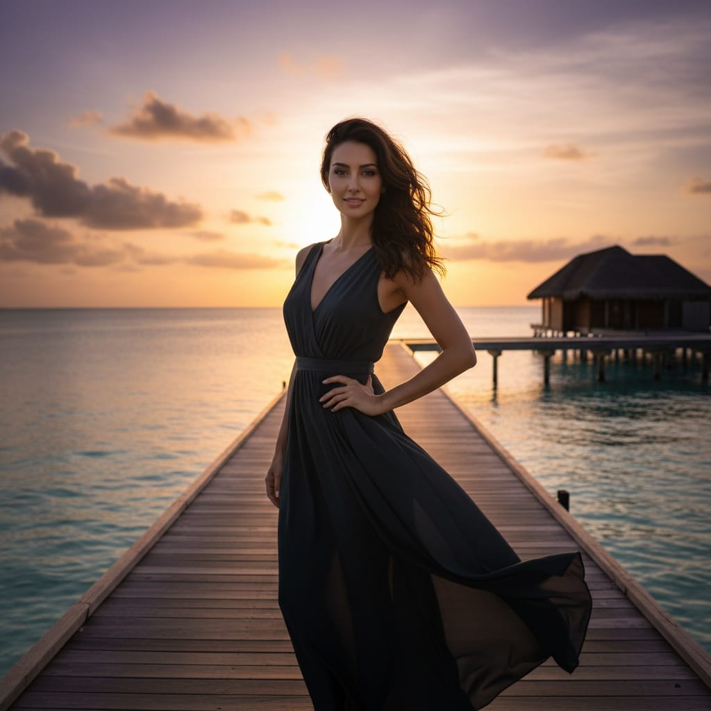 slim middle_eastern woman sunset pier silhouette 54077482