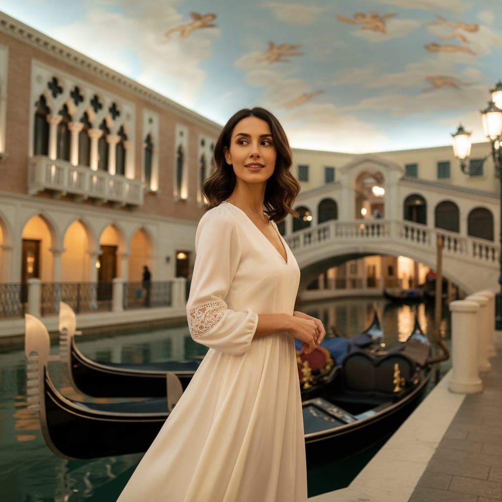 slim middle_eastern woman venetian gondola scene 25510485