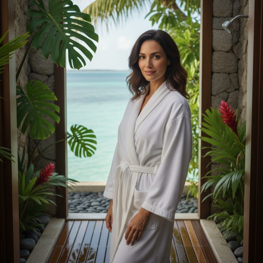slim middle_eastern woman villa outdoor shower 15794445