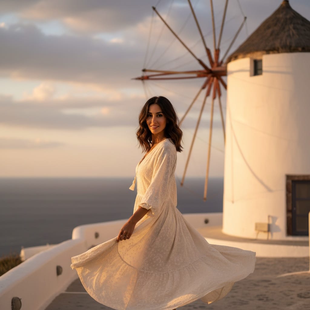 slim middle_eastern woman windmill golden hour 98701914