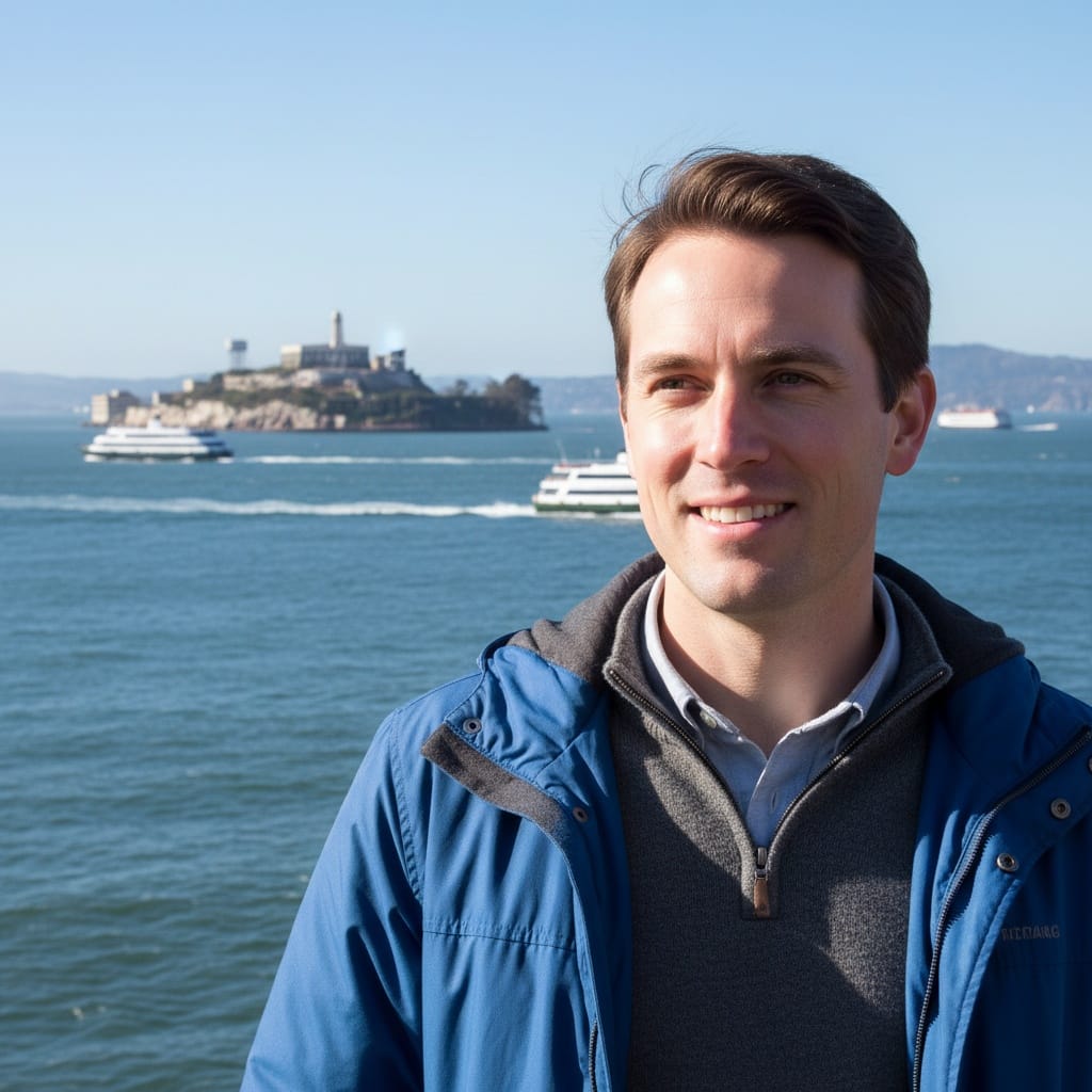 slim white man alcatraz island view 55651597