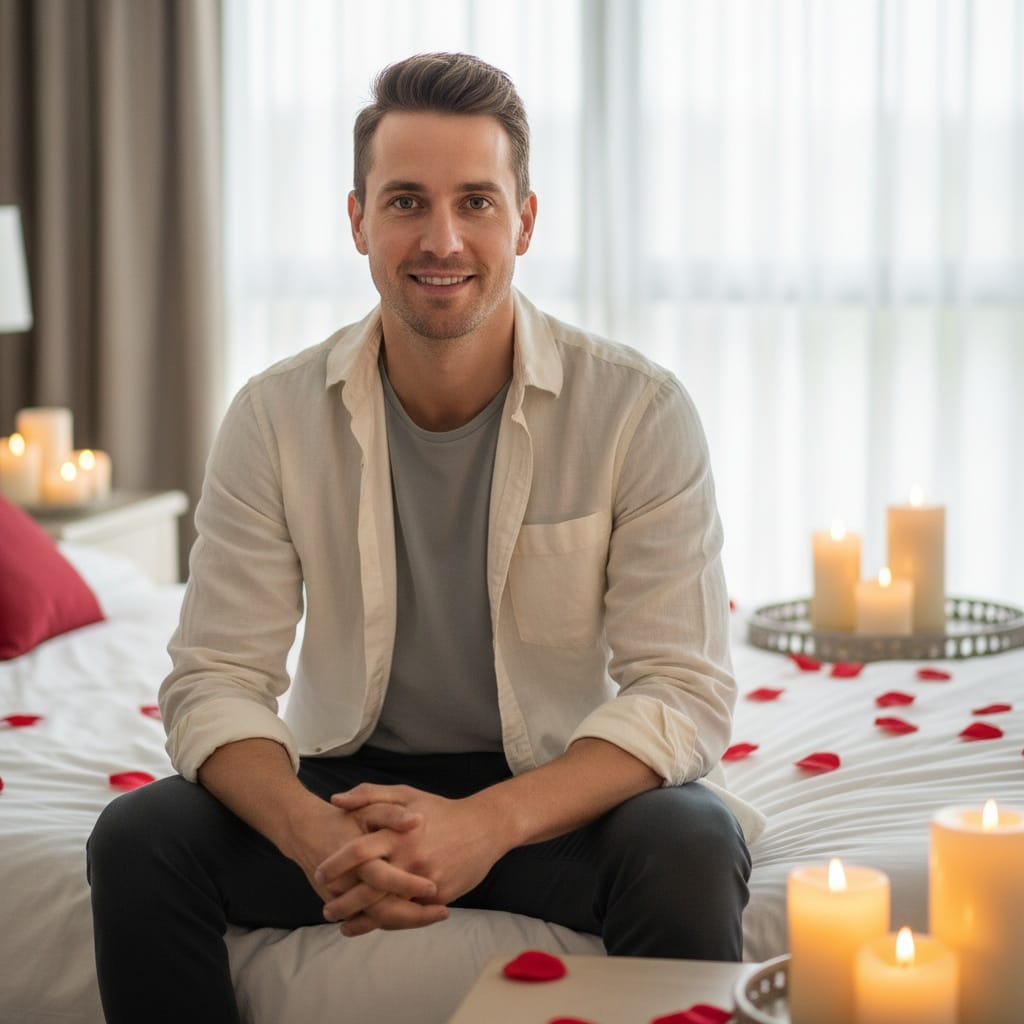 slim white man bedroom romantic portrait 40512175