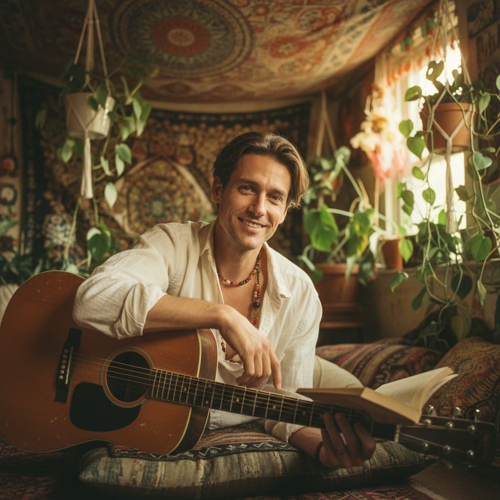 slim white man bohemian bedroom portrait 36523539