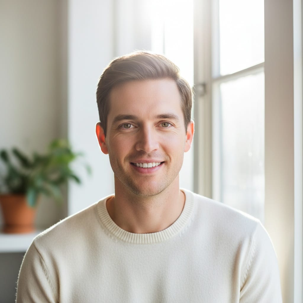 slim white man bright airy window backdrop 86291392