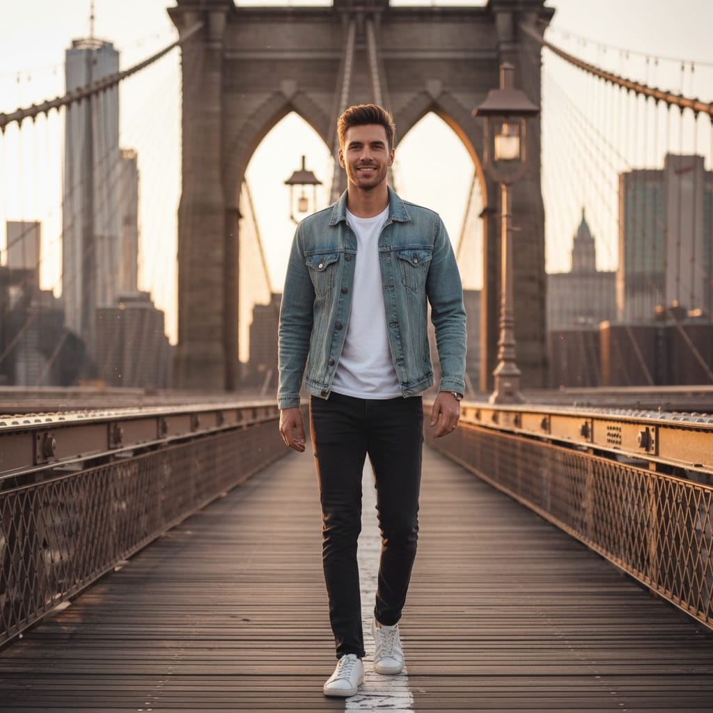 slim white man brooklyn bridge walkway 24879403