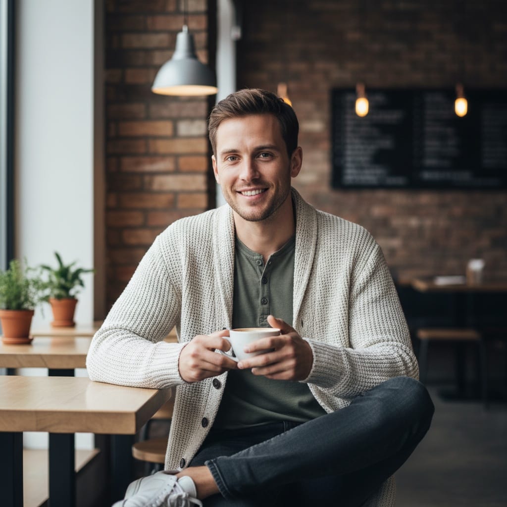 slim white man cafe lifestyle candid 48512098