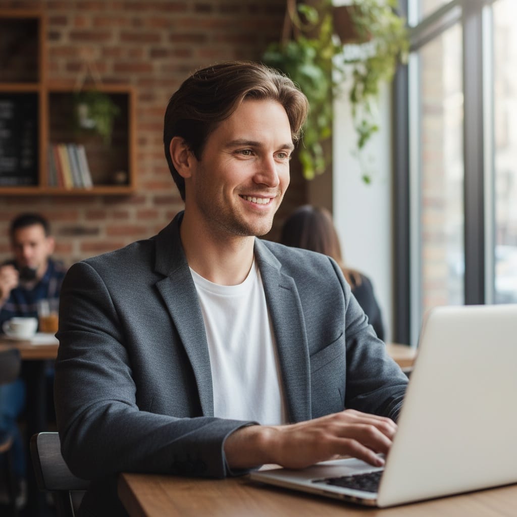 slim white man casual laptop coffee shop 28454155