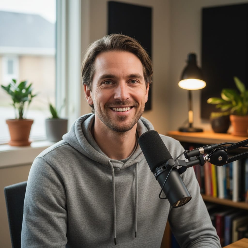 slim white man casual podcast setup 54831710