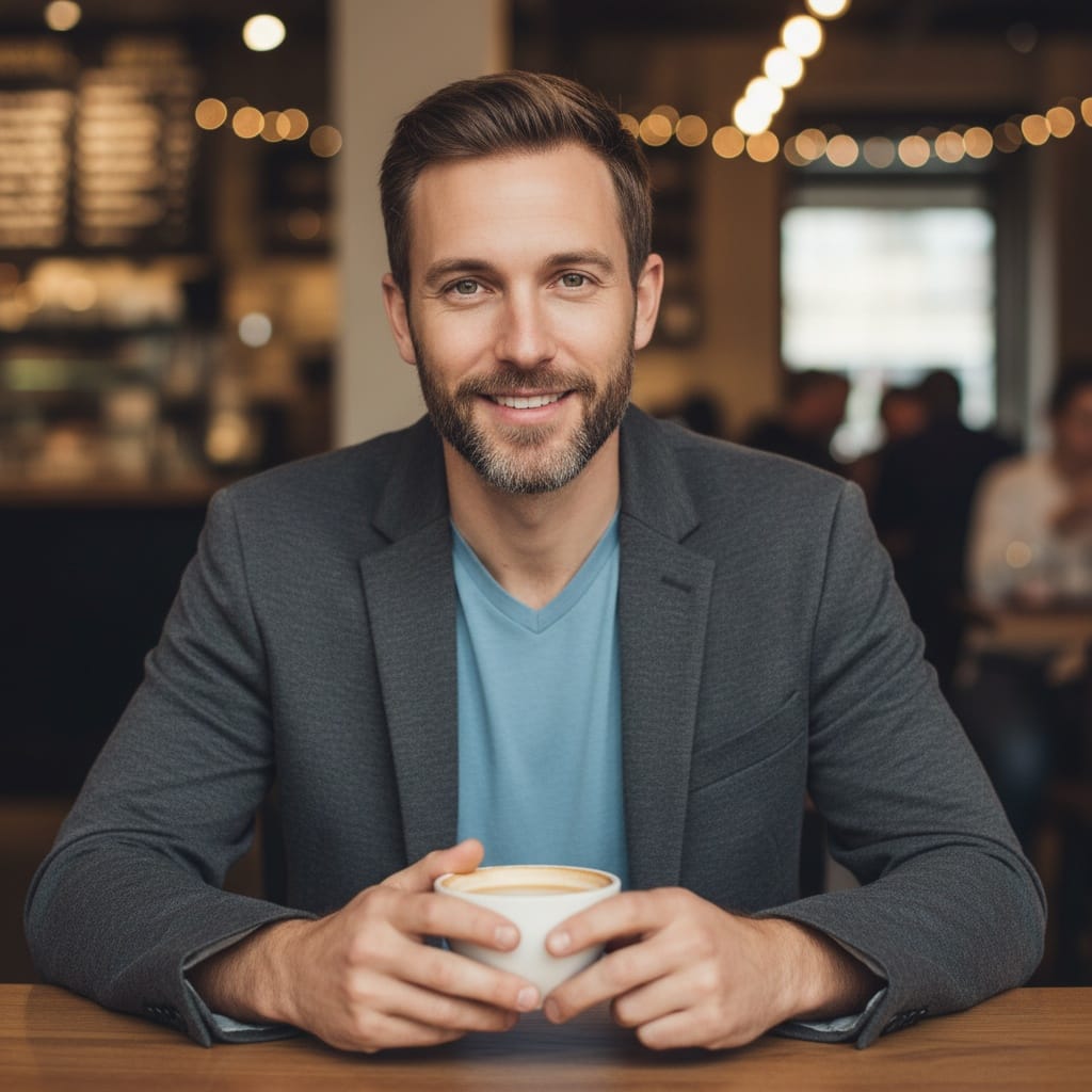 slim white man coffee shop approachable 75192289