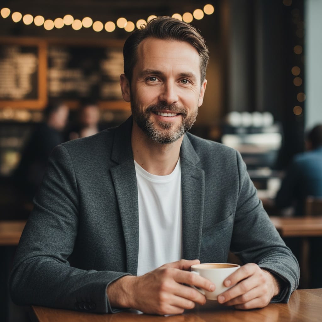 slim white man coffee shop approachable 93234840