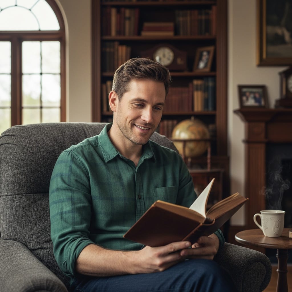 slim white man cozy reading chair 42557646