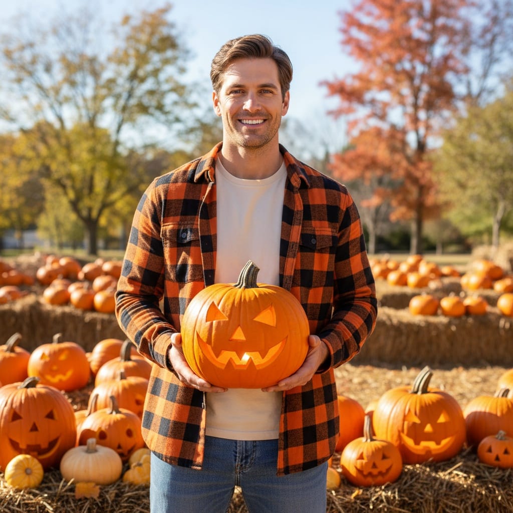 slim white man cute pumpkin patch casual 64295876