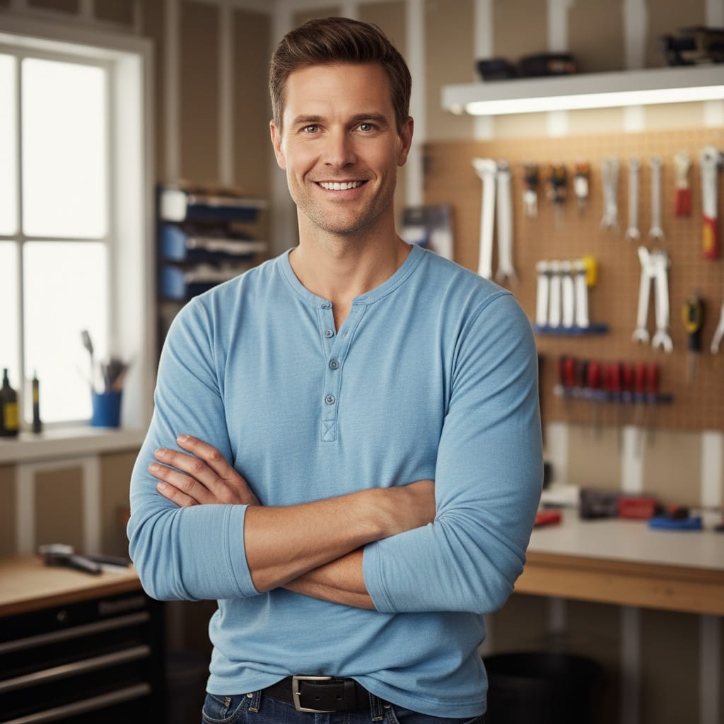slim white man dad portrait arms crossed 87768317