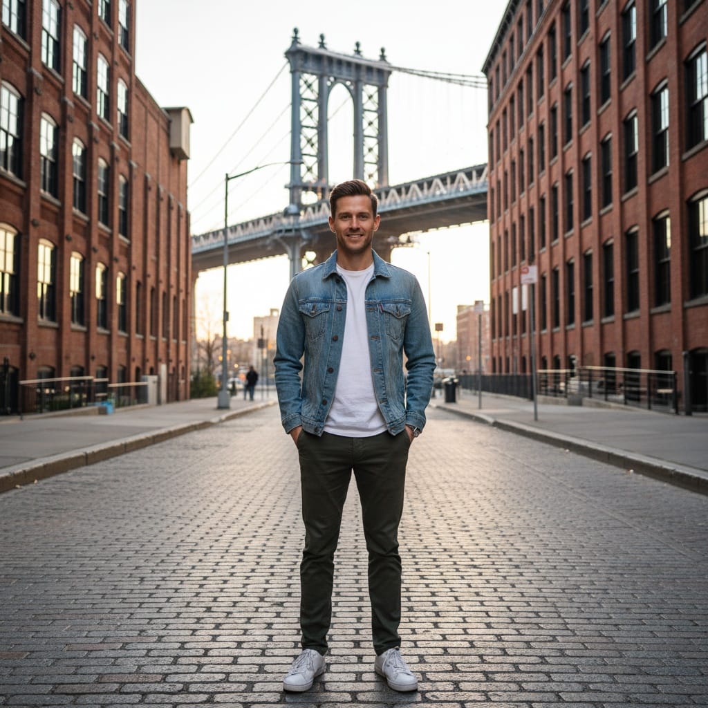 slim white man dumbo brooklyn bridge view 25990360