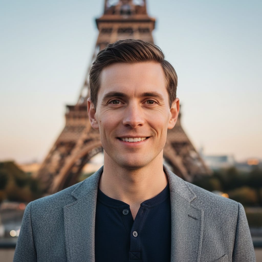 slim white man eiffel tower close portrait 84676061