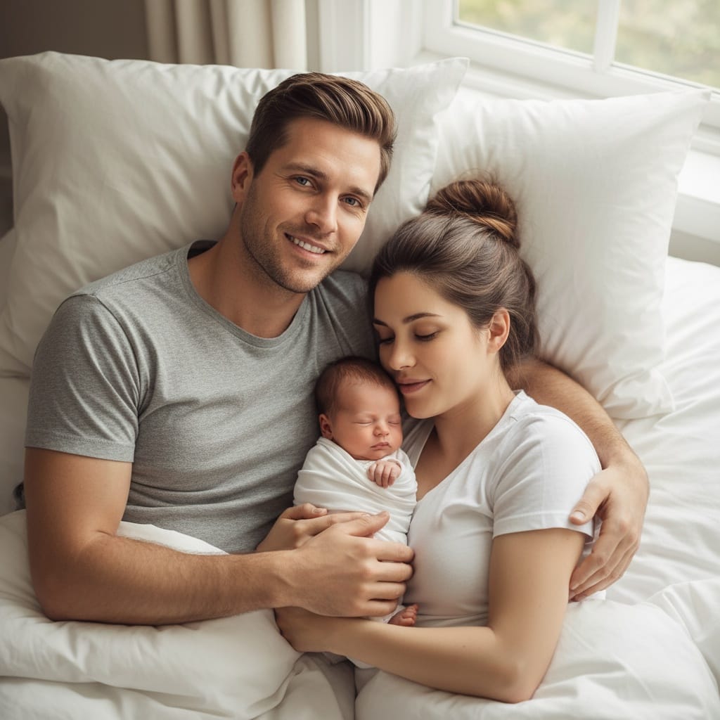 slim white man family on bed natural light 20562319