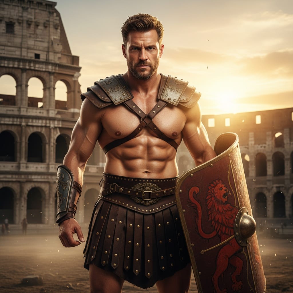 slim white man gladiator armor colosseum 55617681