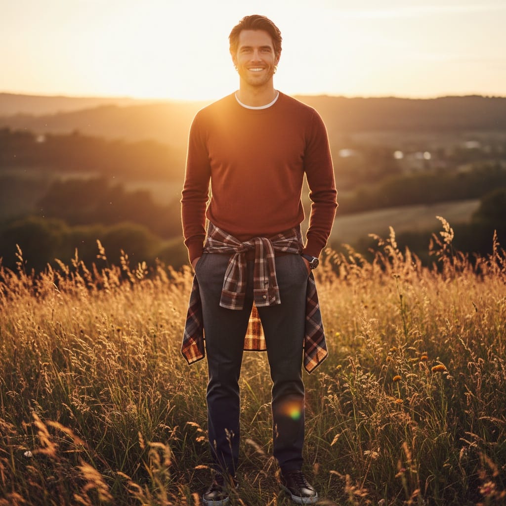 slim white man golden hour outdoor editorial 49457112