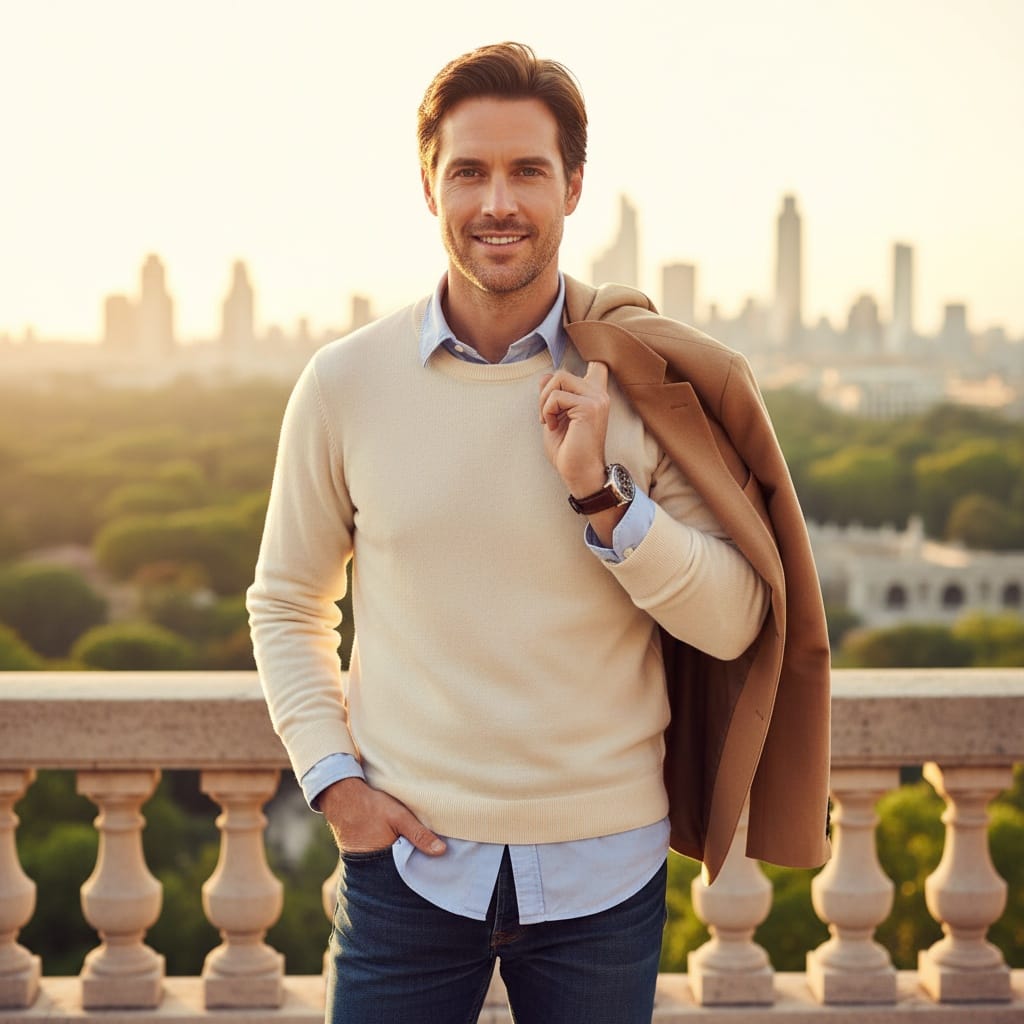 slim white man golden hour outdoor elegance 97002792