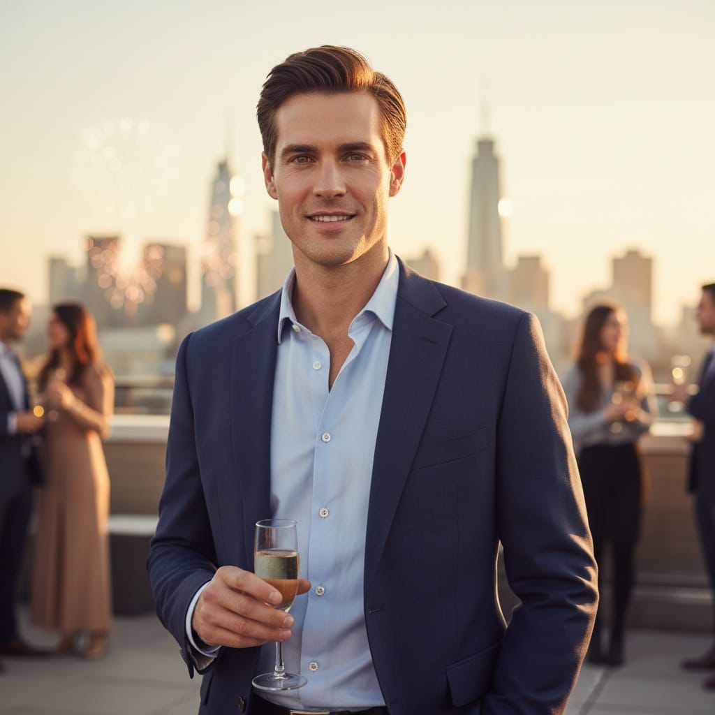 slim white man golden hour rooftop celebration 55236360