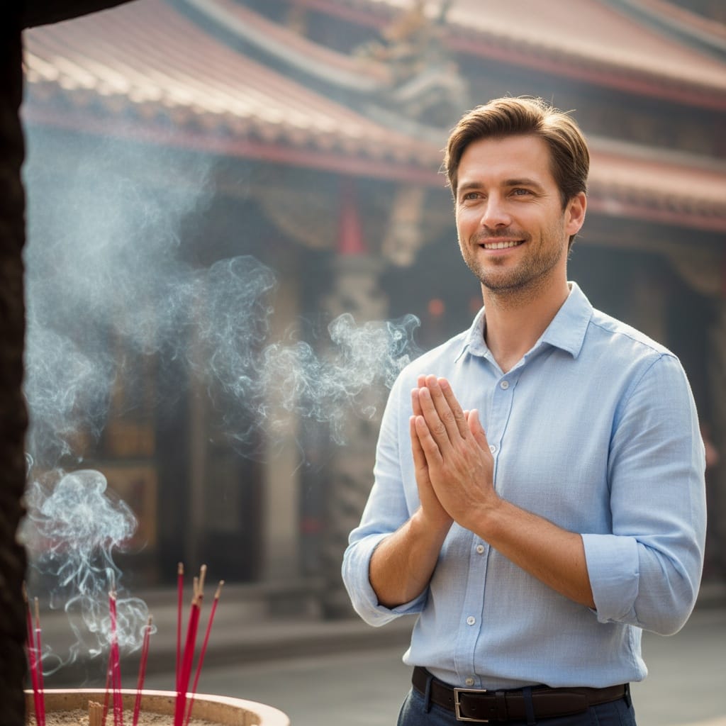 slim white man incense smoke offering 27341032