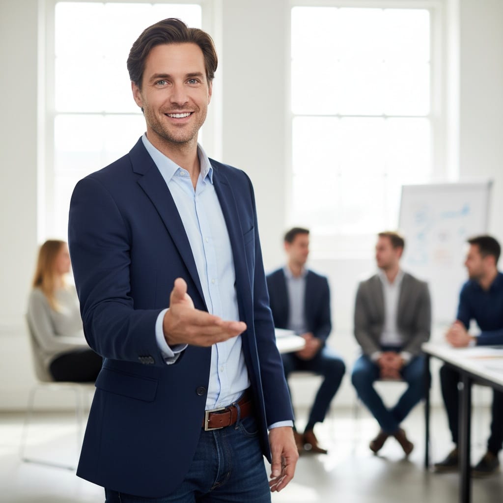 slim white man inspiring gesture speaking pose 39302375
