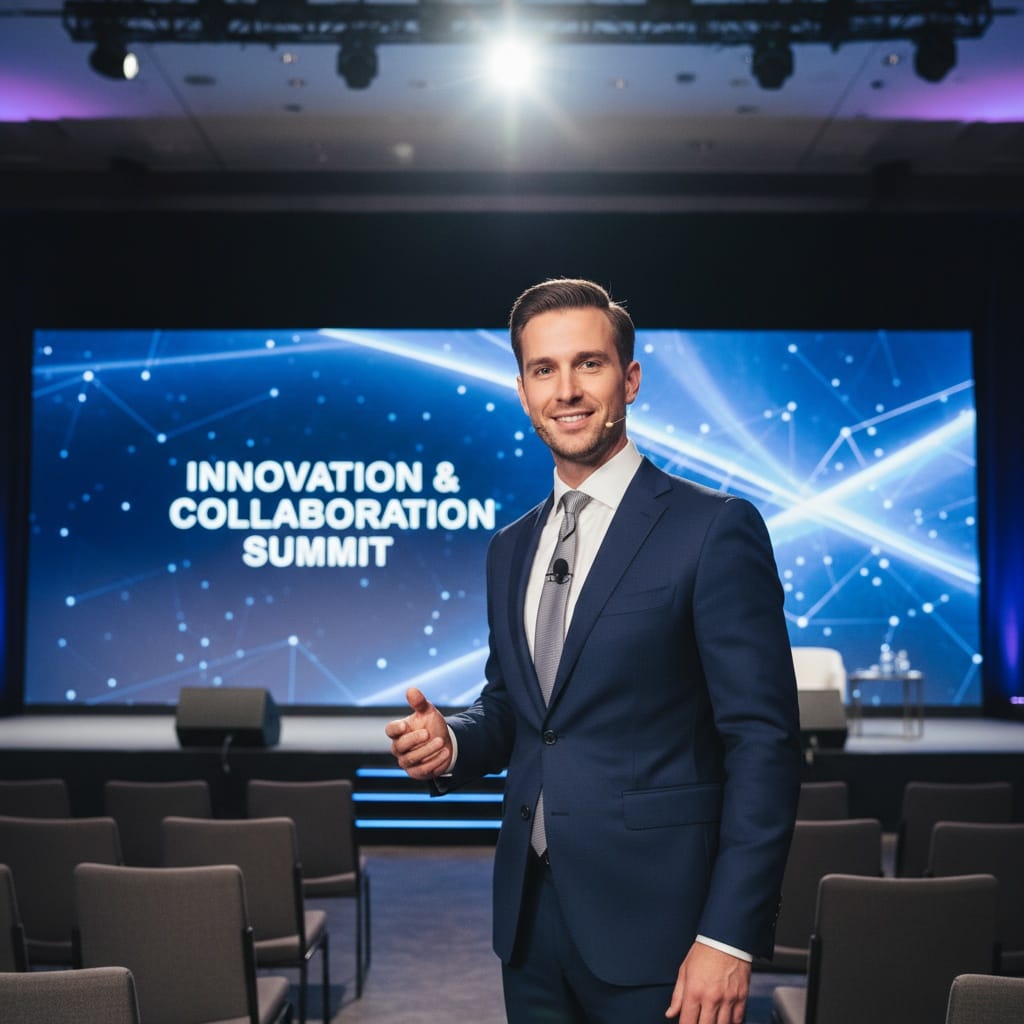 slim white man keynote speaker on stage 83900178