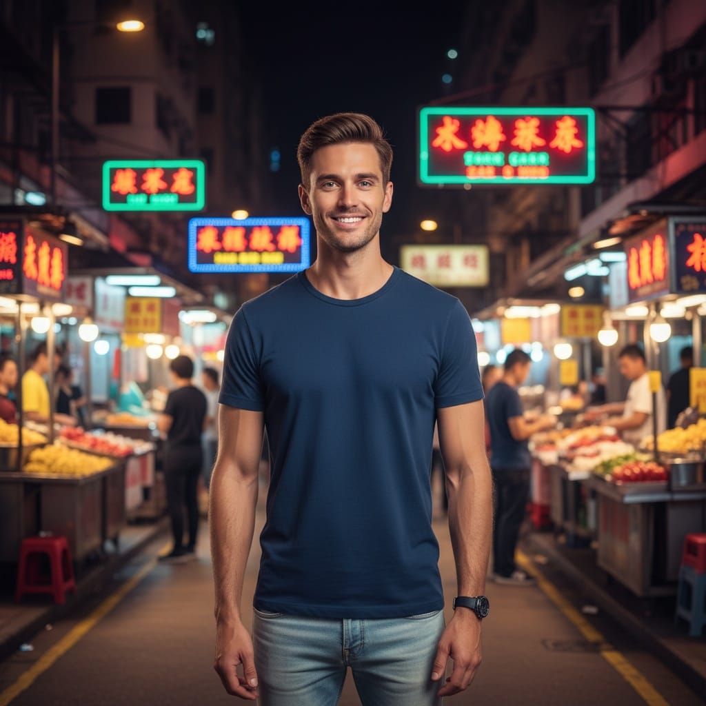 slim white man kowloon night markets neon 40216418