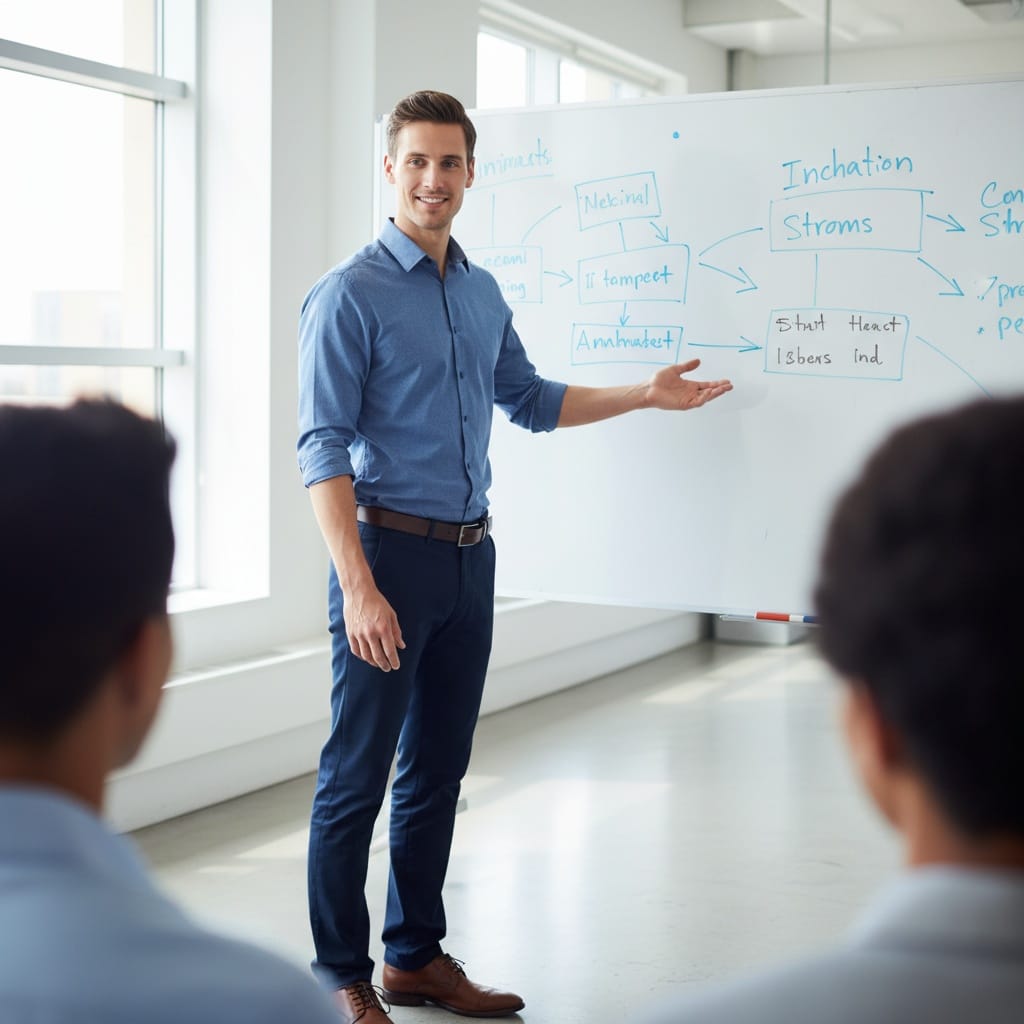 slim white man leading workshop whiteboard 16804882