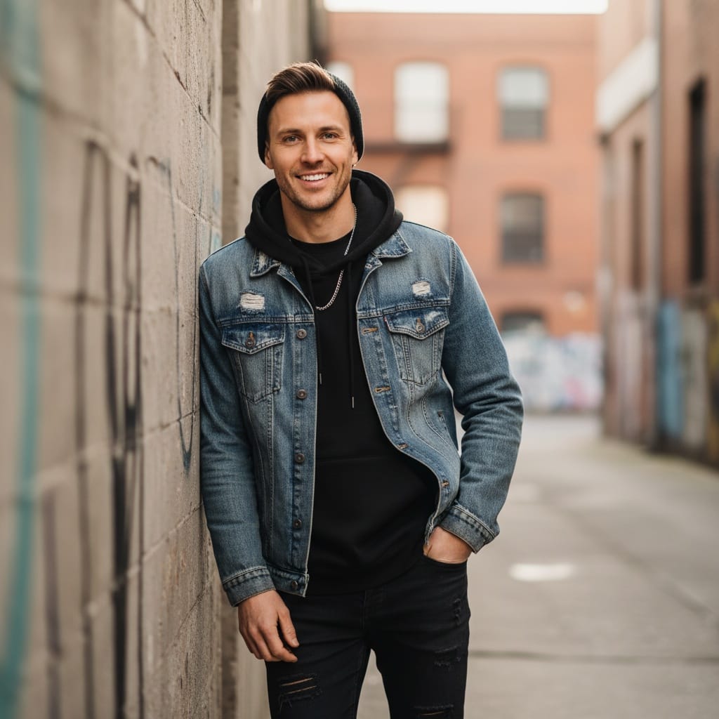 slim white man leaning wall urban cool 44429790