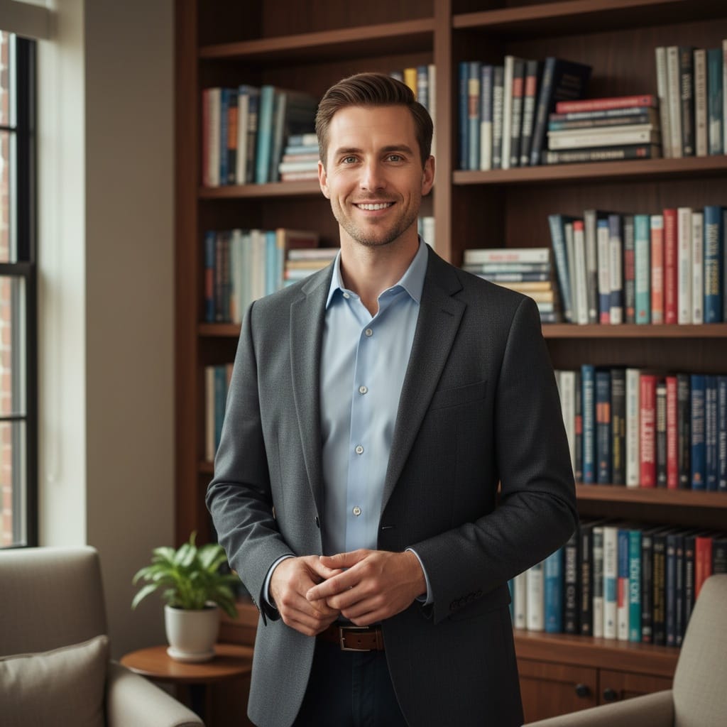 slim white man library bookshelf background 33903077