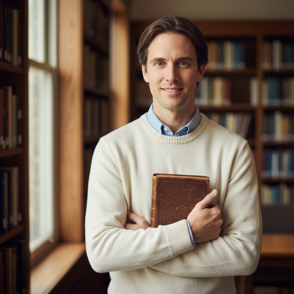 slim white man library bookshelf portrait 44555879