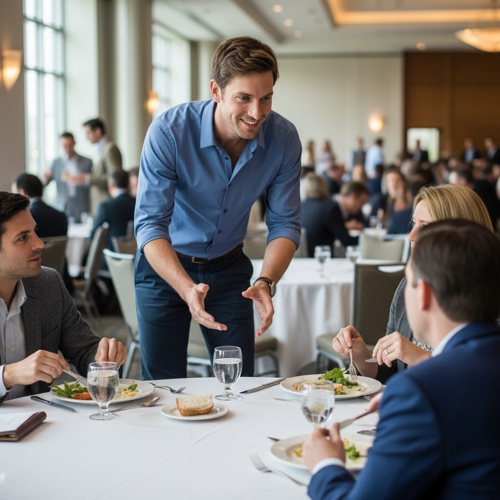 slim white man lunch networking table 84556352