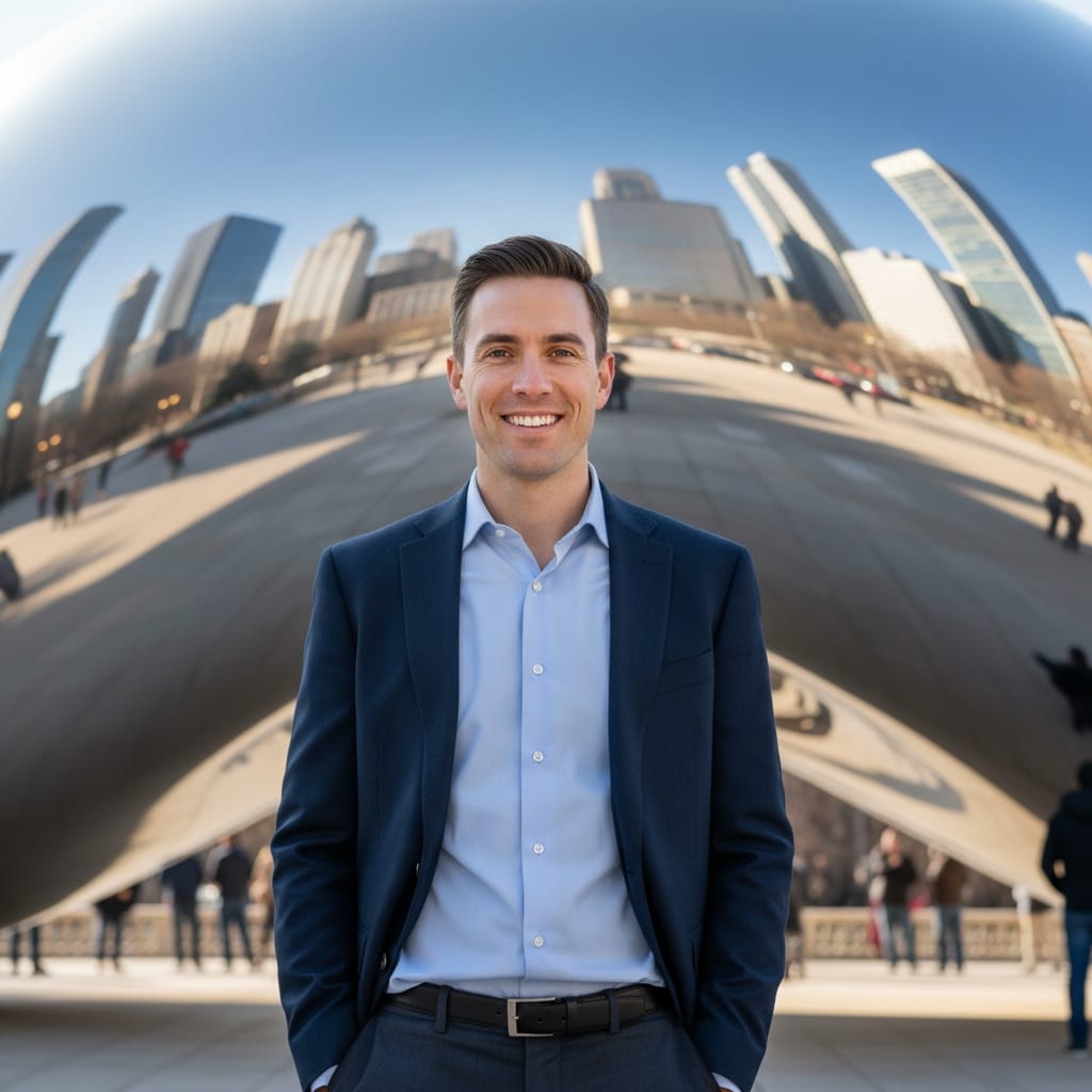 slim white man millennium park bean sculpture 80306372