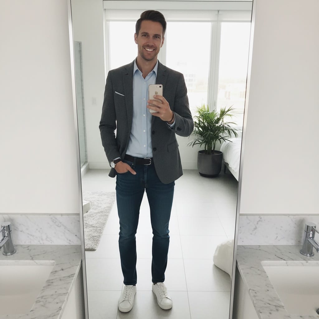 slim white man mirror selfie outfit check 85873688