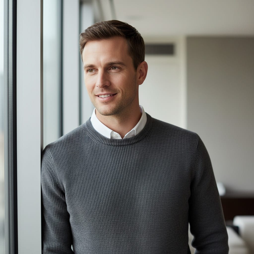 slim white man natural light window portrait 89642523