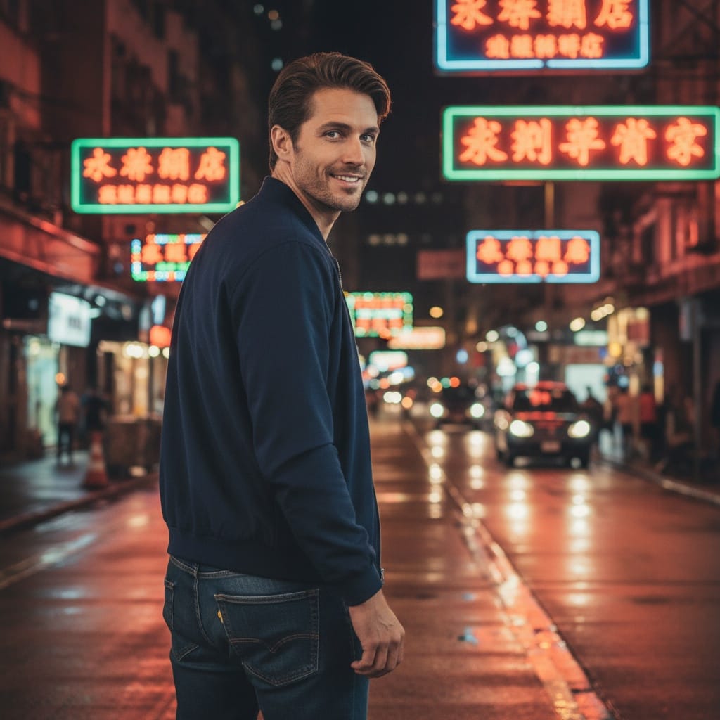 slim white man neon street night portrait 88716826