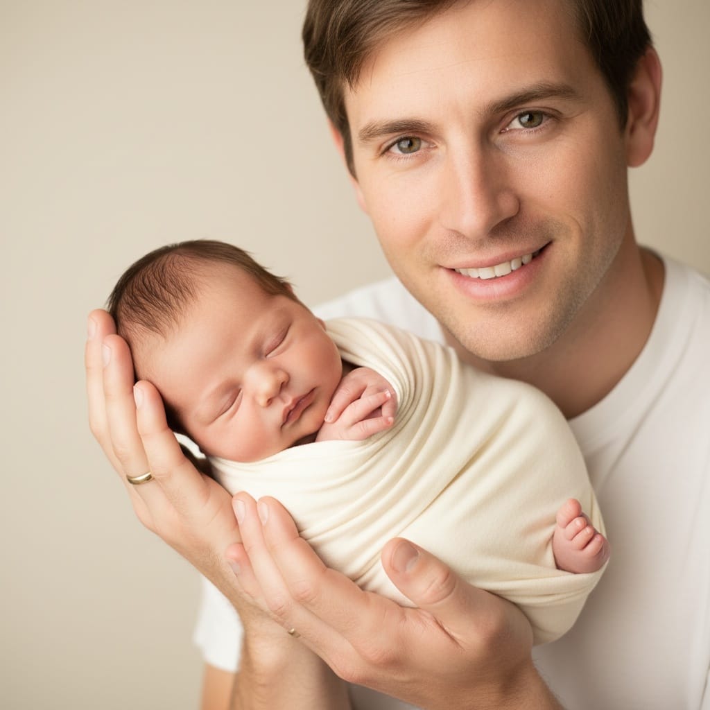 slim white man newborn close up with parent hands 12406251