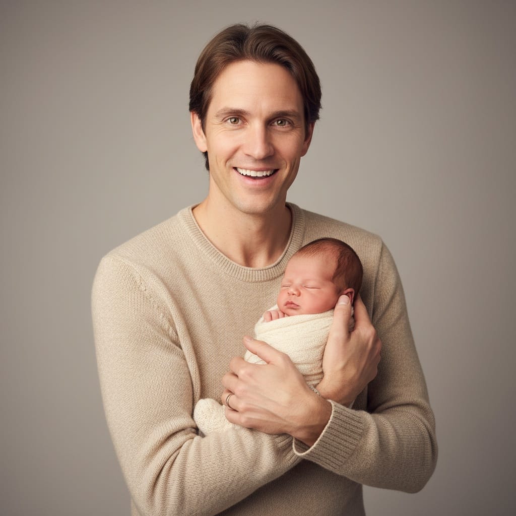 slim white man newborn in arms standing portrait 50214655