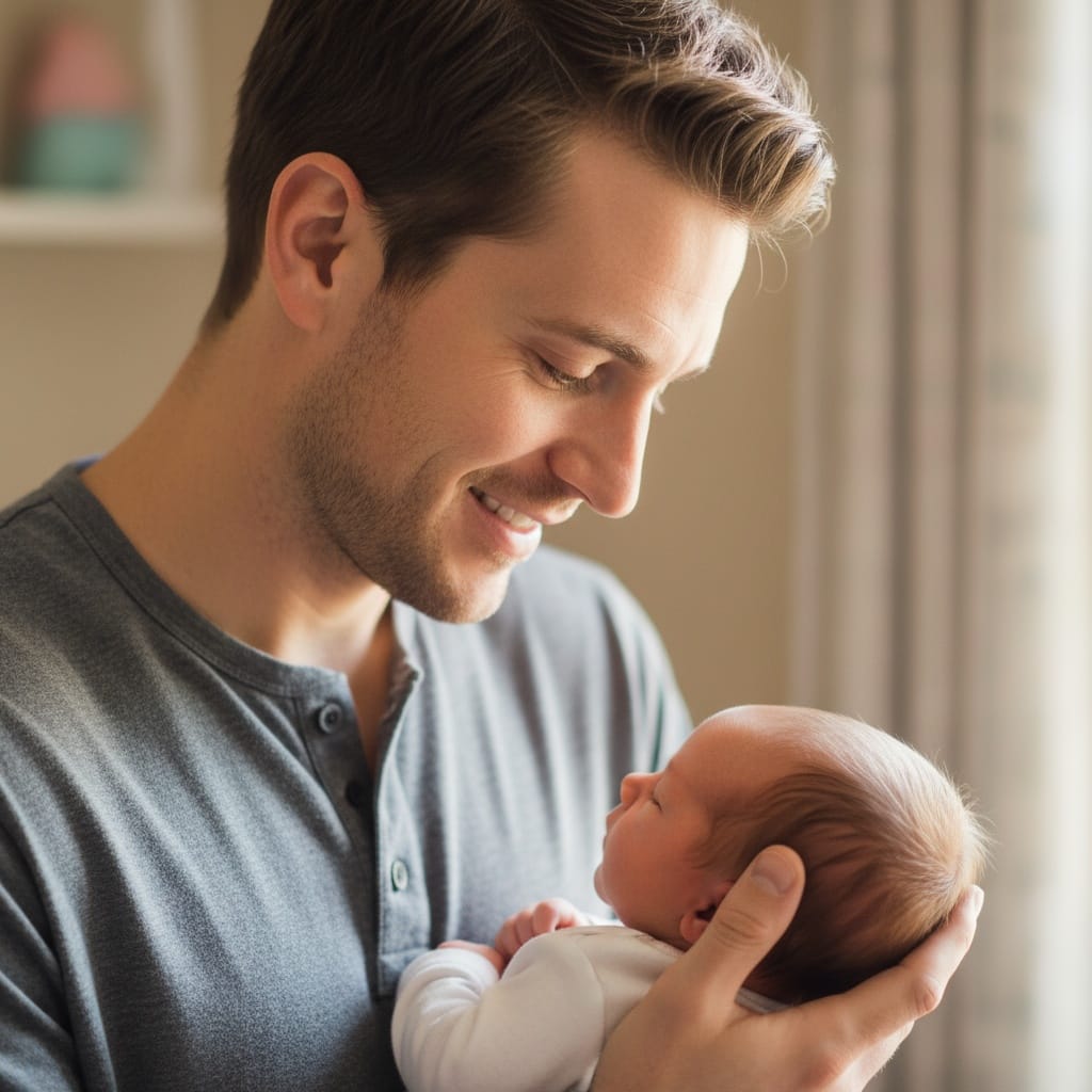 slim white man parent gazing at newborn 71990113