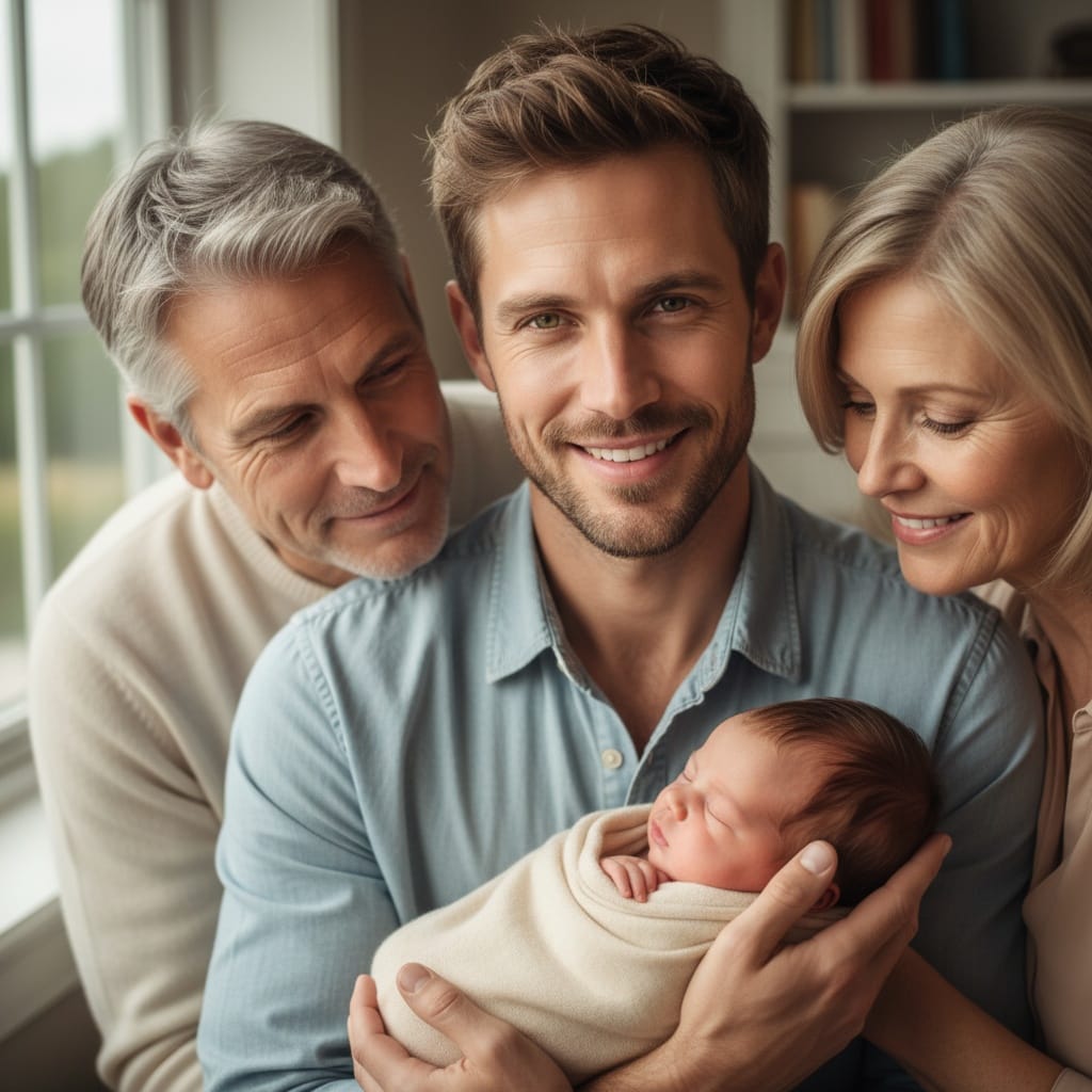 slim white man parents holding newborn together 18816806