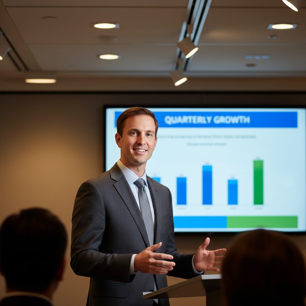 slim white man presenting at podium 59329573