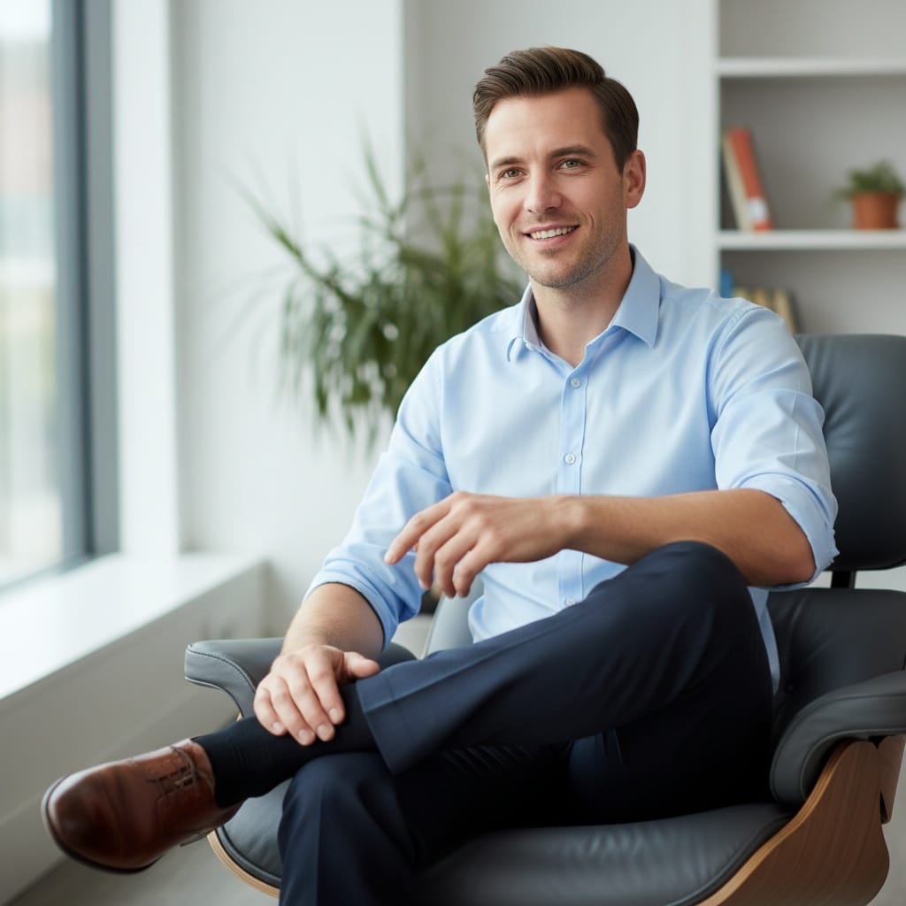 slim white man relaxed sitting consultation pose 30703537