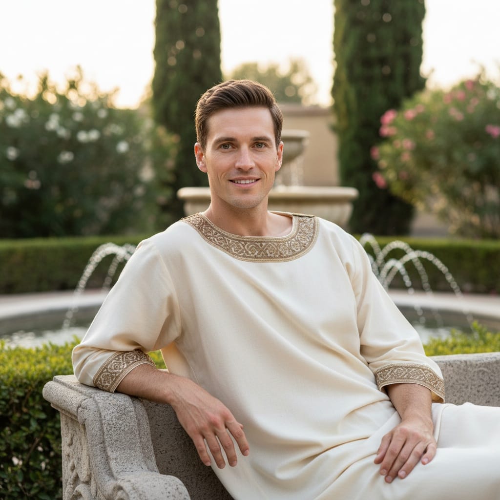slim white man roman villa garden 14326887