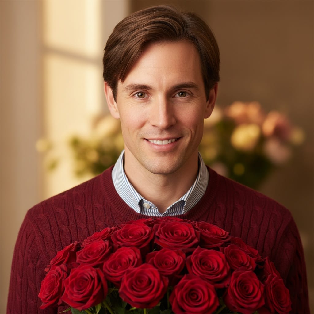 slim white man romantic rose bouquet portrait 86472935