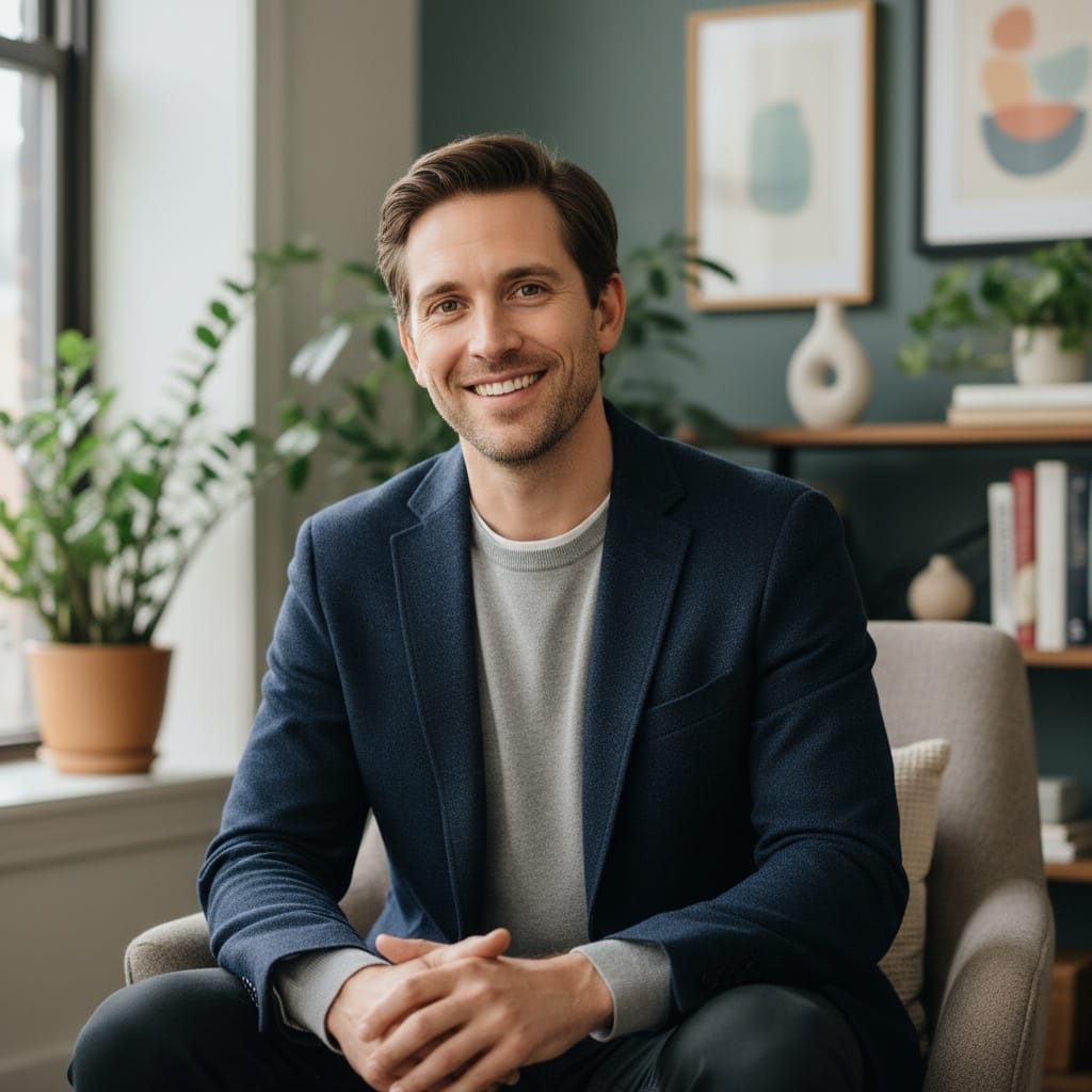 slim white man seated consulting room 82811033