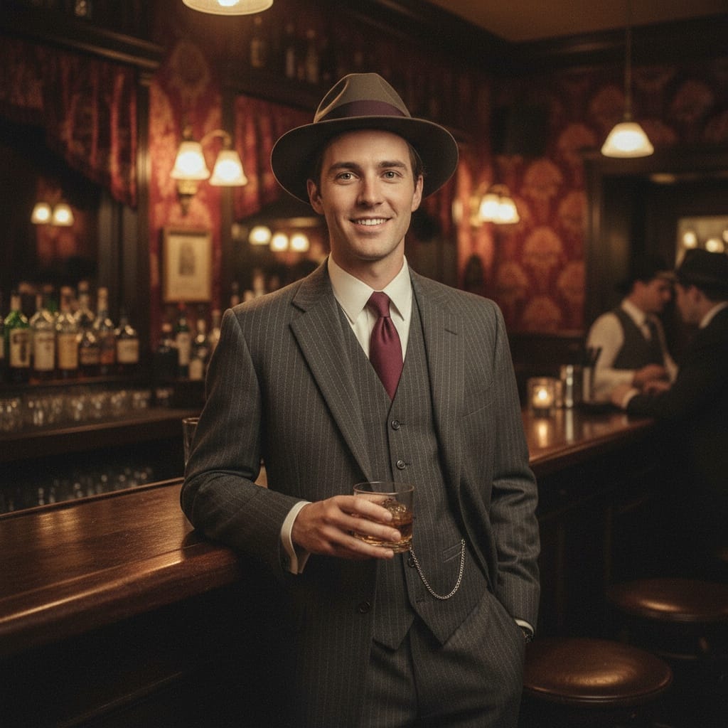 slim white man speakeasy bar full body 79886829