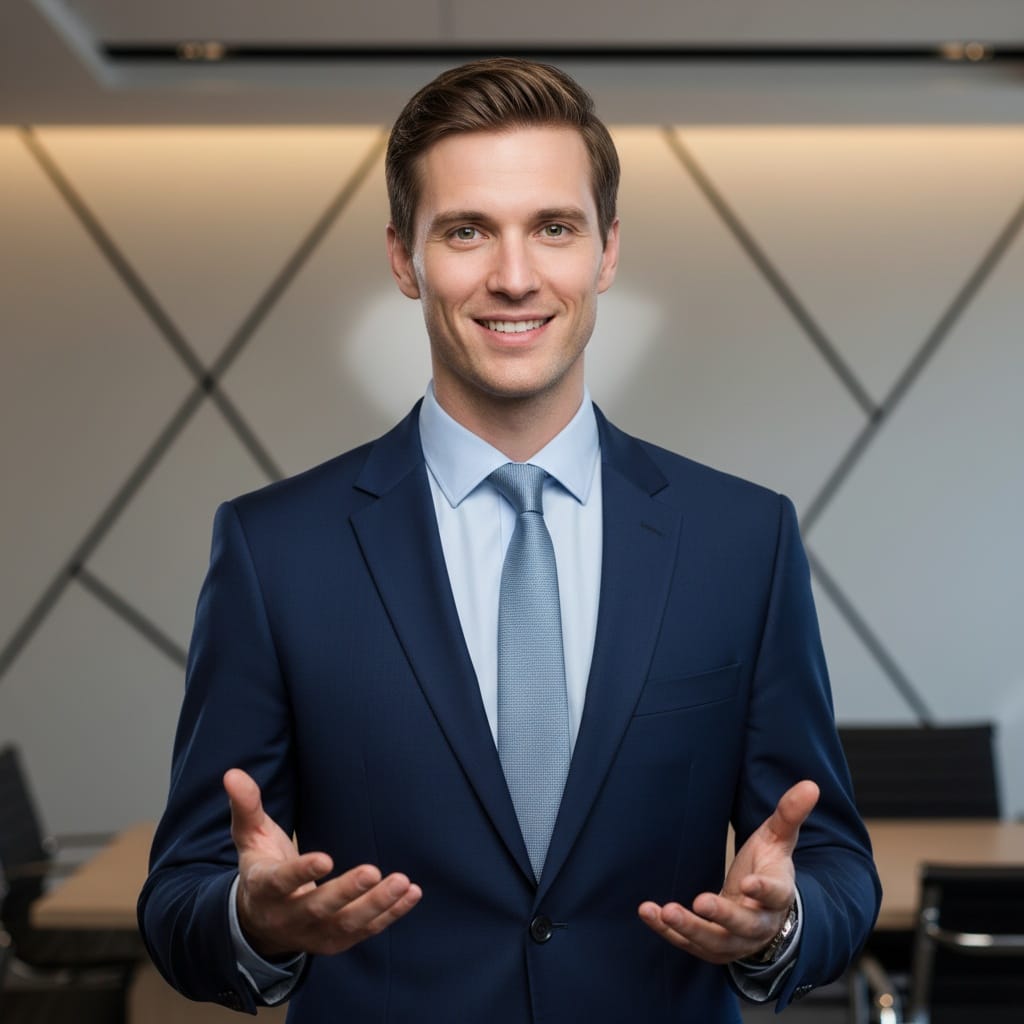 slim white man speaking presenting confident 47109910